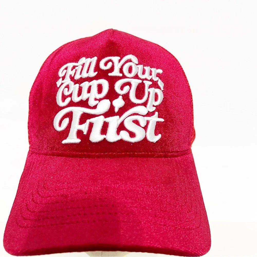 “Fill Your Cup Up First” Red Trucker Hat Inspirational Mesh Snapback